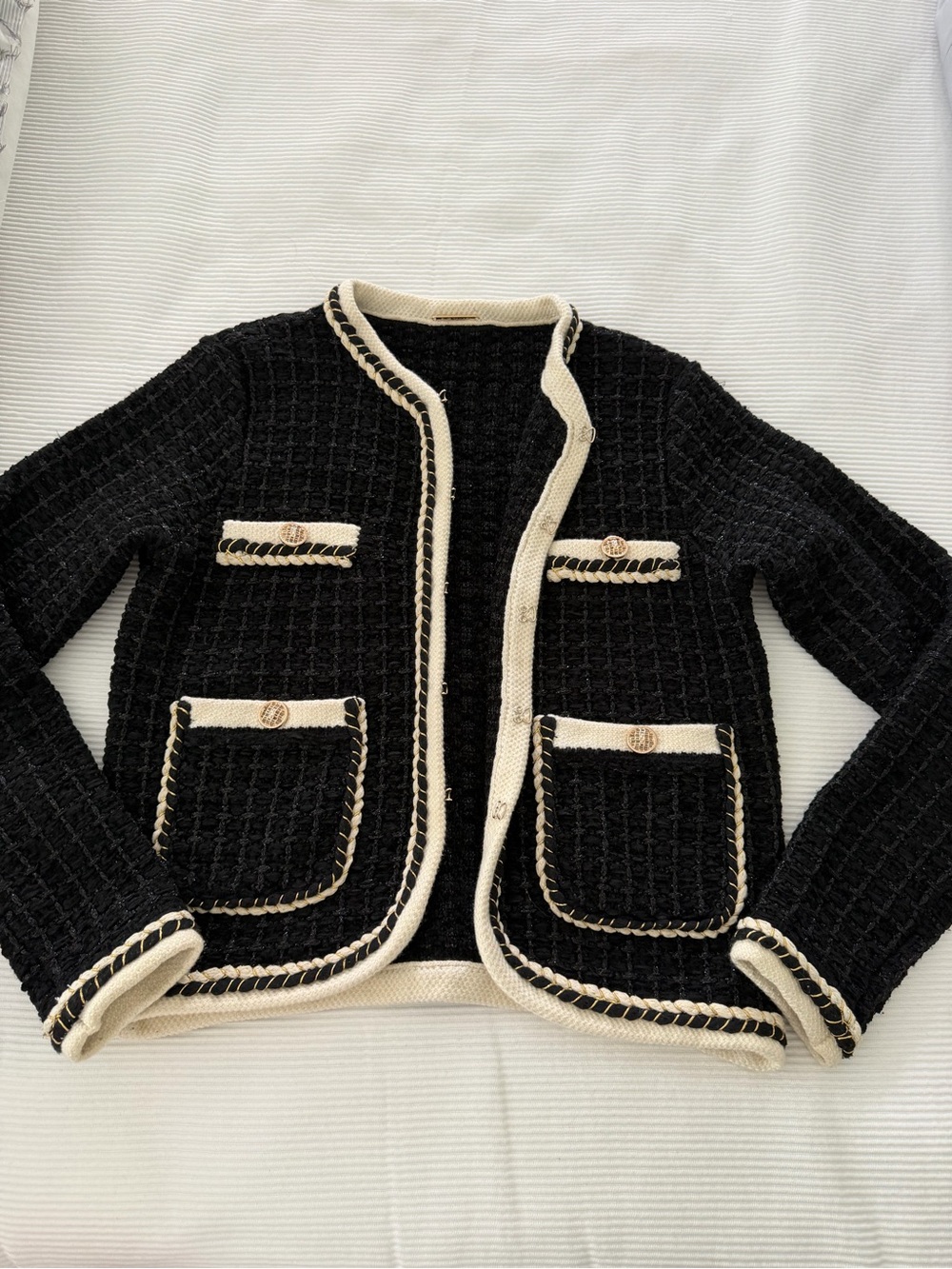 Classic Black Knit Tweed Jacket with Cream Trim and gold details